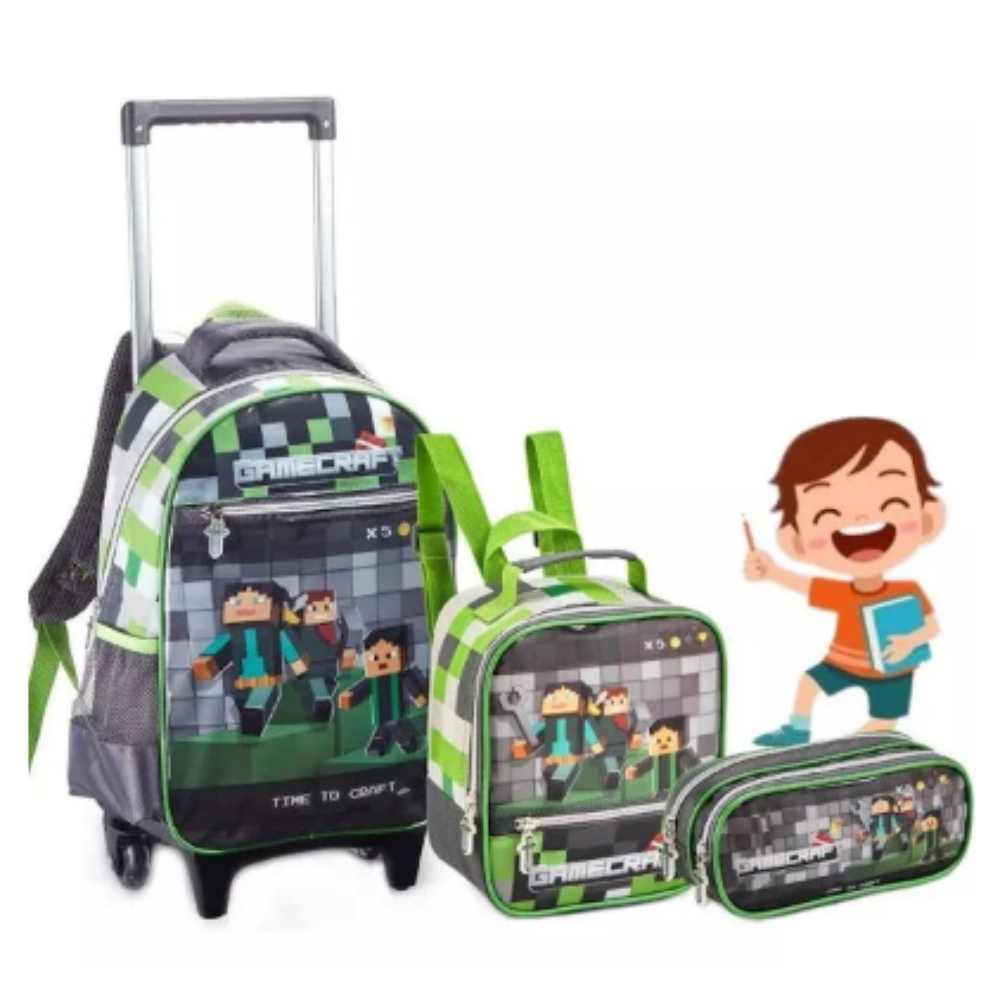 Mochila Infantil Menino De Rodinha Kit Gamecraft Escolar Com Lancheira Térmica e Estojo Reforçada