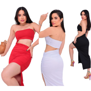 Vestido Feminino Longo Grécia Canelado Premium Tomara que Caia Fenda na Lateral Ombro a Ombro