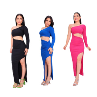 Vestido Feminino Longo Grécia Canelado Premium Com Manga Fenda na Lateral Midi