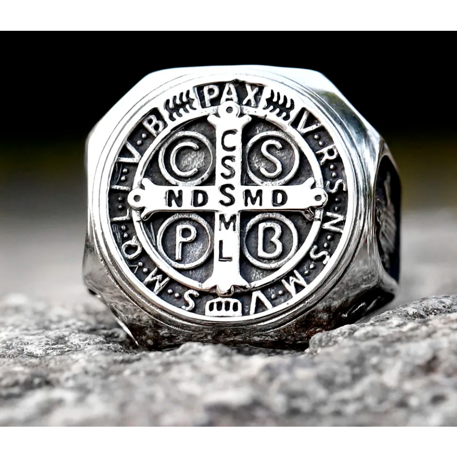 Anel Masculino dedeira cruz São Bento Aço Inoxidável Prata