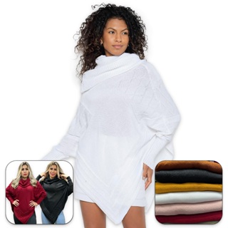 Blusa Feminina Poncho de Tricot Com Gola alta e Manga Longa