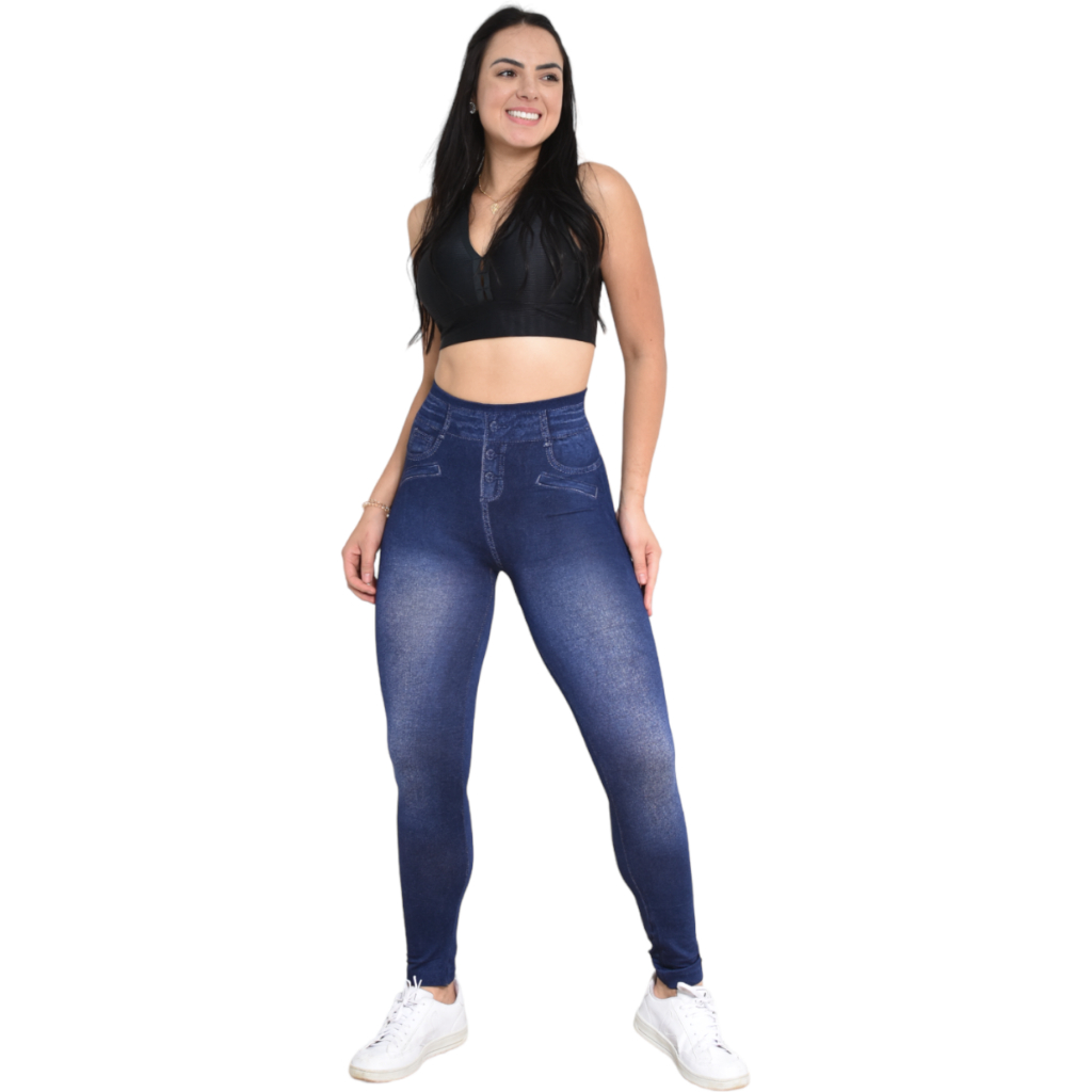kit 2 Calça Legging Fake Imita Jeans Azul Preta ou azul Moda Fit 2021 ...