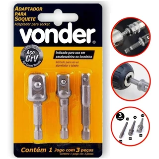 Jogo Adaptador para Soquetes Furadeira Parafusadeira 1/4, 3/8, 1/2 com 3 Peças - Vonder