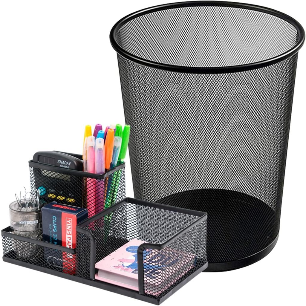 Kit Organizador Porta Caneta e Lixeira de Metal Aramado de Escritório Treco de Mesa 3 Com Divisórias Para Clip Lápis Bloco de Notas Tesoura Borracha