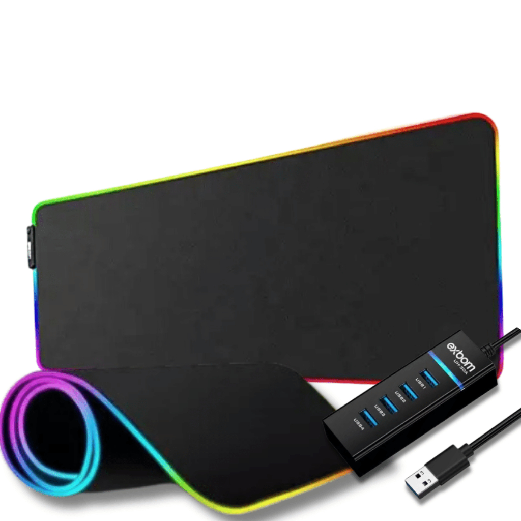 Mouse PAD Gamer Extra Grande LED RGB Antiderrapante com HUB USB 3.0 4 Portas