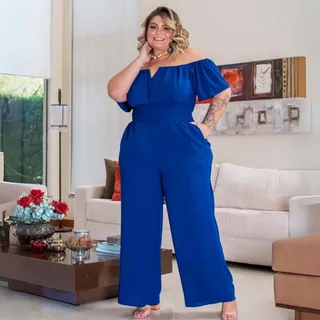 Macacão Longo Feminino Plus Size Duna Decote V Festa