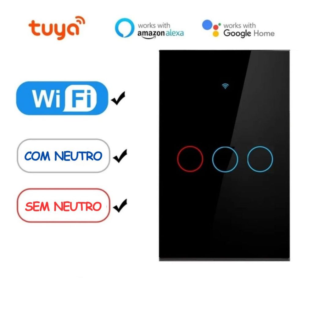 INTERRUPTOR INTELIGENTE WI-FI TOUCH SCREEN 1, 2, 3 BOTÕES TUYA SMART LIFE COMPATÍVEL COM ALEXA E GOOGLE HOME