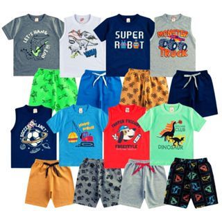 Kit 4 Peças Roupa Juvenil Masculina Com 2 Blusas E 2 Shorts