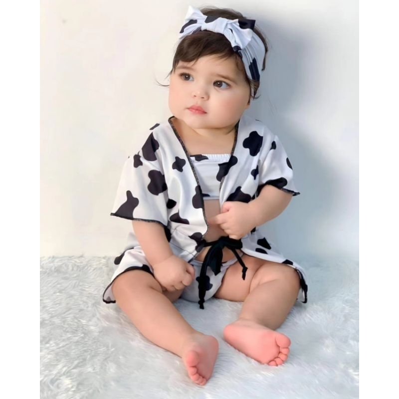 Moda Praia Bebê - Top + Calcinha + Laço De Cabelo + Saída de Praia UV50+