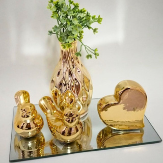 Conjunto de decoração kit 5 peças coração vaso planta casal de pássaros rose dourado prata