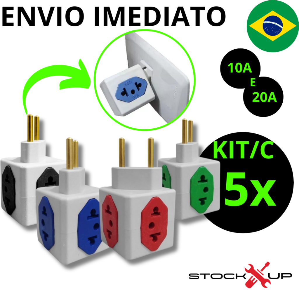 KIT COM 5 UNIDADES Adaptador em Cubo Tomada 10A/20A Benjamin Padrão Novo E Antigo