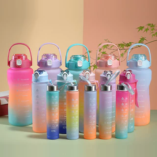 Kit 3 Garrafa Squeeze Galão Com Adesivo Fitness Motivacional Academia Colorida 2L, 900ML, 300ML