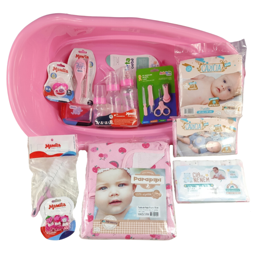 Kit Completo Banho Enxoval Bebê Banheira Toalha Mamadeira Fraldas ...