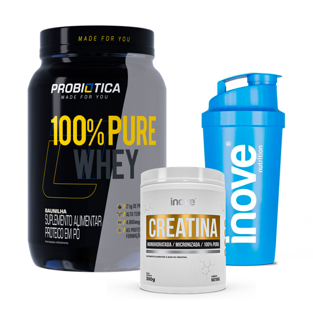 100% Pure Whey Protein Concentrado Pote 900g Probiótica + Creatina Pura Pote 300g Inove Nutrition + Coqueteleira