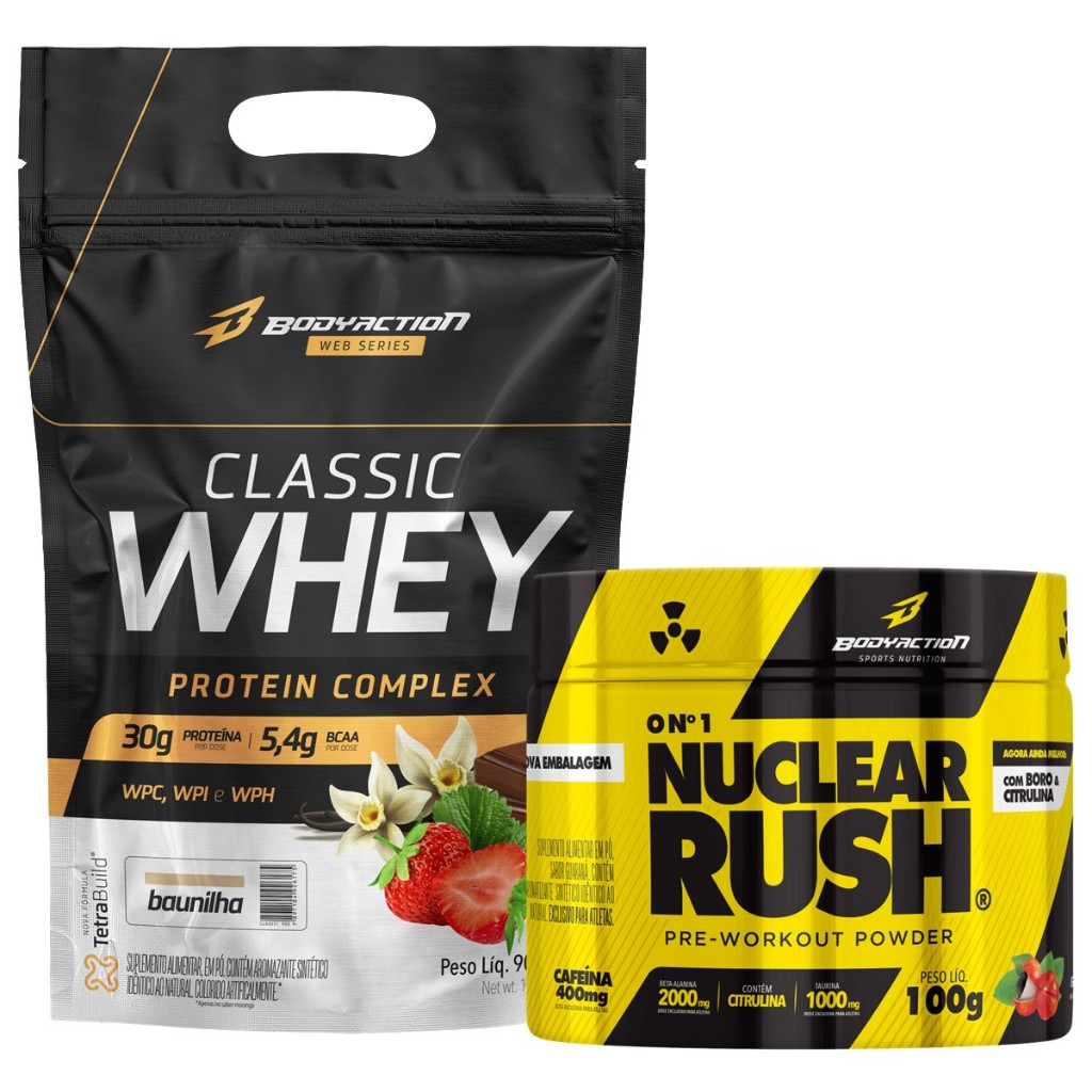 Classic Whey Protein Isolado Concentrado Hidrolisado 900g + Pré Treino Nuclear Rush 100g Bodyaction