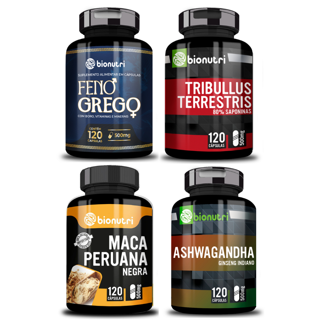 Super Kit Feno Grego + Tribullus + Maca Peruana Negra + Ashwaganda 120