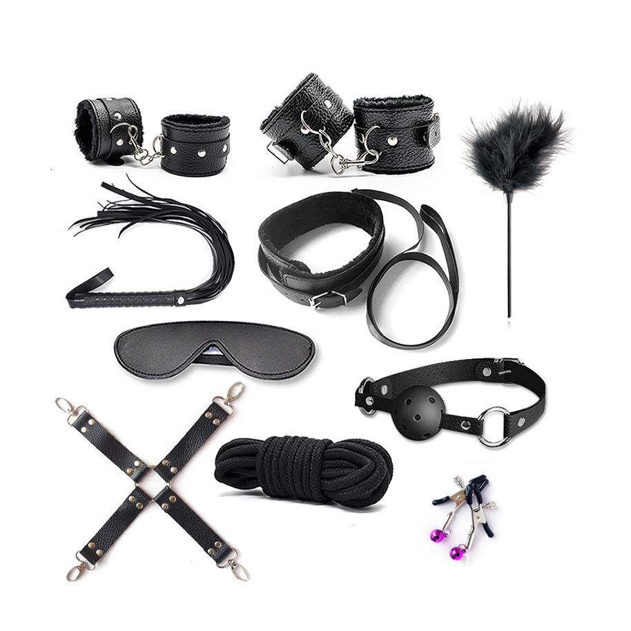 Kit BDSM 10 Peças Couro Bondage Fetiche Dominação Submissão Sado Mordaça Algema Chicote Coleira Gag Ball