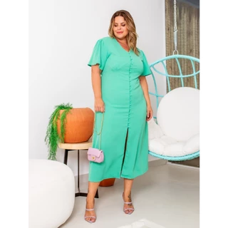 VESTIDO MIDI PLUS SIZE FEMININO BOTÕES LISO COM FENDA FRONTAL COM FORRO ELEGANTE