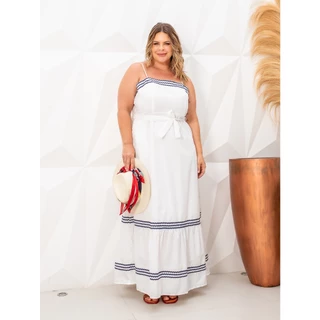Vestido Plus Size Feminino Liso Elegante em Algodão e Bordado com Forro Elegante Linho Premium
