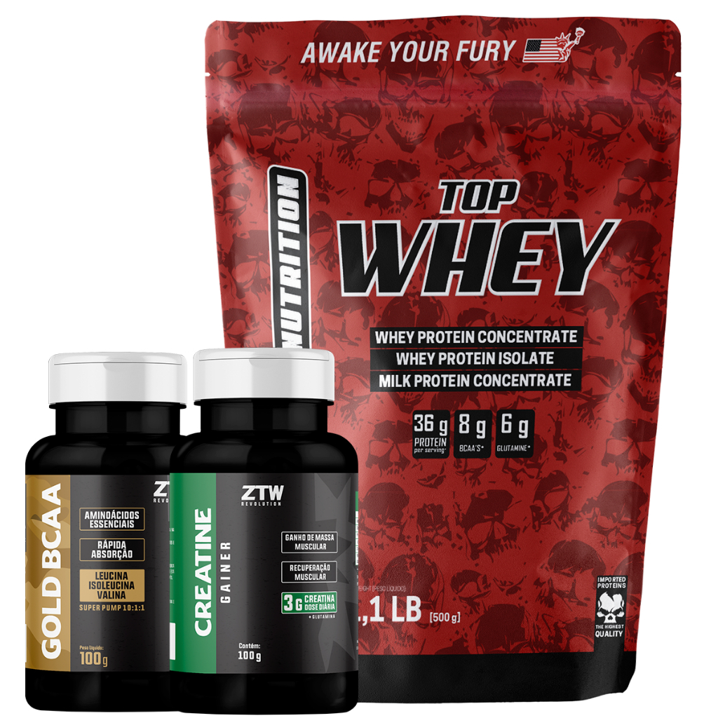 Whey Protein Concentrado 500g, Proteina Top Whey + Creatina Gainers 100g ZTW + Gold Bcaa100g pote