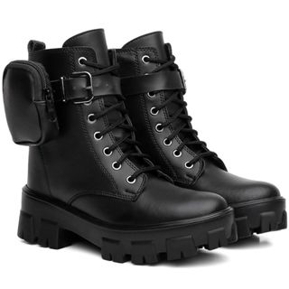 Bota Coturno Feminina Sola Tratorada Militar Casual Blogueira Plataforma Bolsinha Removível