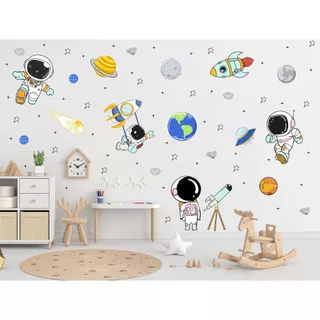 Adesivo de Parede Astronautas Planetas colorido tamanho G