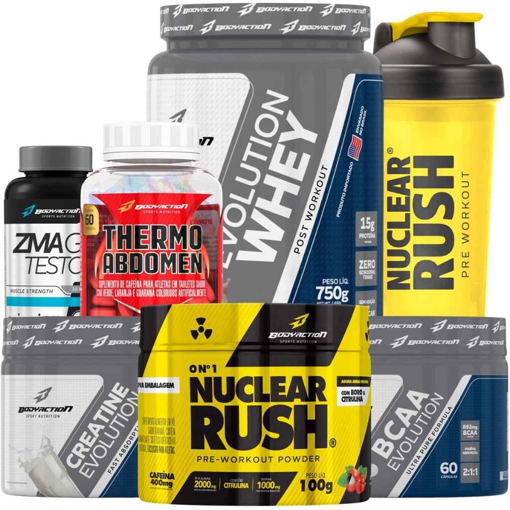 Kit Whey Creatina Bcaa Pré Treino Zma Thermo Abdomen Coqueteleira Bodyaction