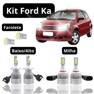 Kit Lâmpada Led (Farol Alto Baixo Milha Farolete) Ford Ka 2008 a 2013 H4 HB4 T10 Neblina Meia Luz Super Led c6 forte