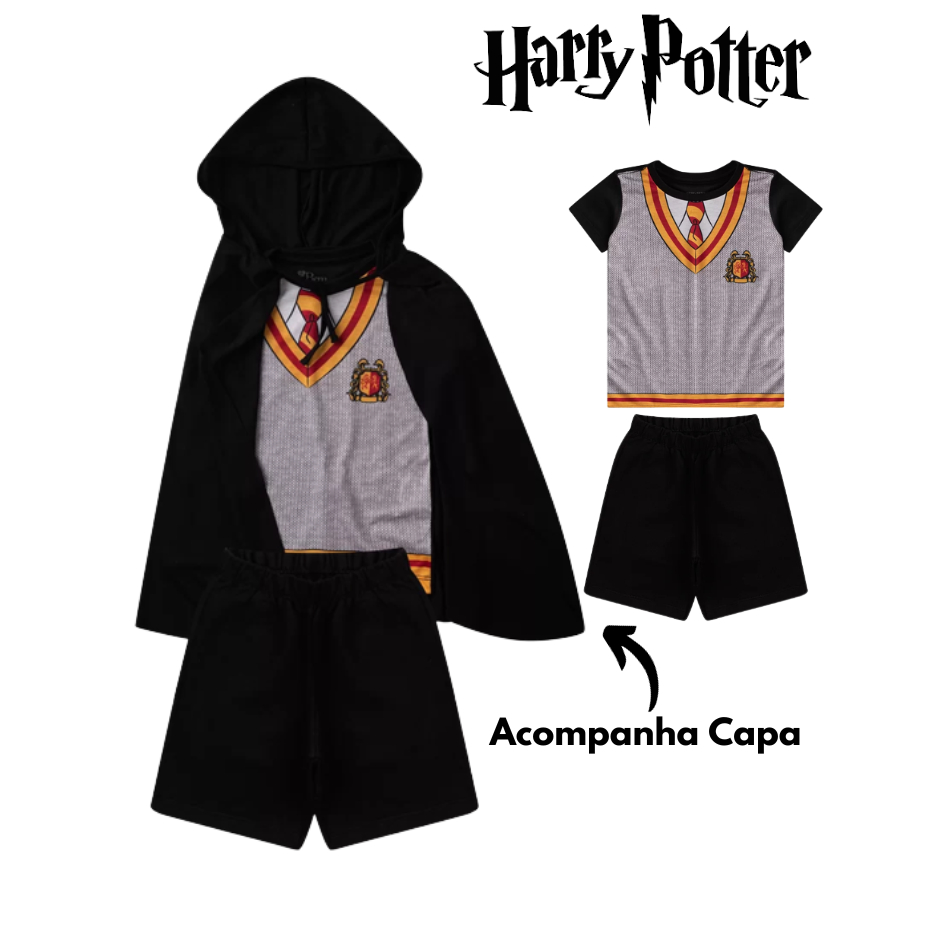 Capa Harry Potter Infantil Menino com Bermuda e Camiseta Escola de Bruxos Cosplay