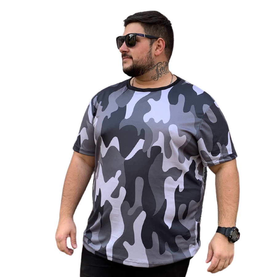 Camisa Plus Size Masculina Camuflada Cinza Dry Fit Proteção Solar Uv+ Extra Grande