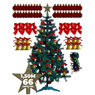 Árvore Natal Dinamarca 180cm 580 Galhos Enfeites Vermelha Decorada  Pisca-pisca 110v