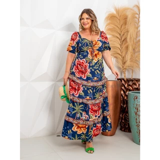 VESTIDO PLUS SIZE MIDI COM DECOTE CORAÇÃO E LASTEX NAS COSTAS COM MANGA BUFANTE ESTAMPA FLORAL CASUAL ELEGANTE EM CREPE