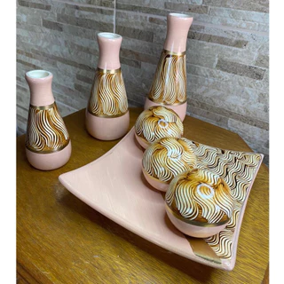 Kit Decorativo Cerâmica Enfeite Sala Trio de Vasos e Prato com 3 bolas - Luluzinho