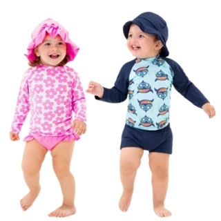 Conjunto Moda Praia/Piscina Bebê Camiseta Manga Longa + Sunga ou Calcinha + Chapéu UV50+