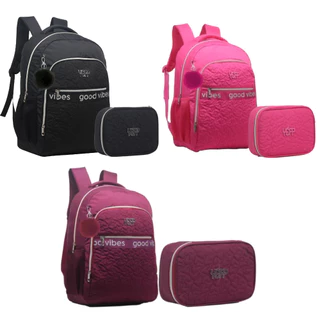 Mochila Feminina e Estojo Box Escolar Reforçada Grande Coração Com PomPom