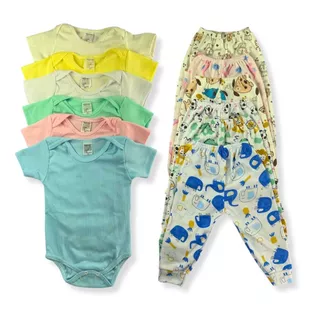 Kit C/4 - Body Manga Curta + Calça Estampada Malha Canelada Menino e Menina