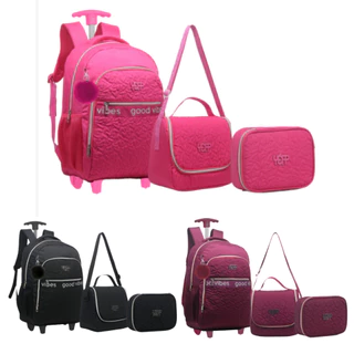 Kit Mochila Escolar Feminina de Rodinha Coração com Pompom Good Vibes Juvenil Grande Com Lancheira Térmica e Estojo