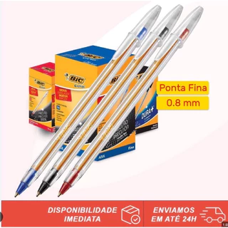 Canetas Bic Cristal Esferográficas 0.8mm Ponta Fina Cores Azul, Preta e Vermelha Original
