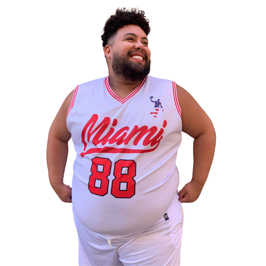 Camisa Regata Plus Size Masculina Basquete Miami Branca Dry Fit Proteção Solar Uv+ Extra Grande