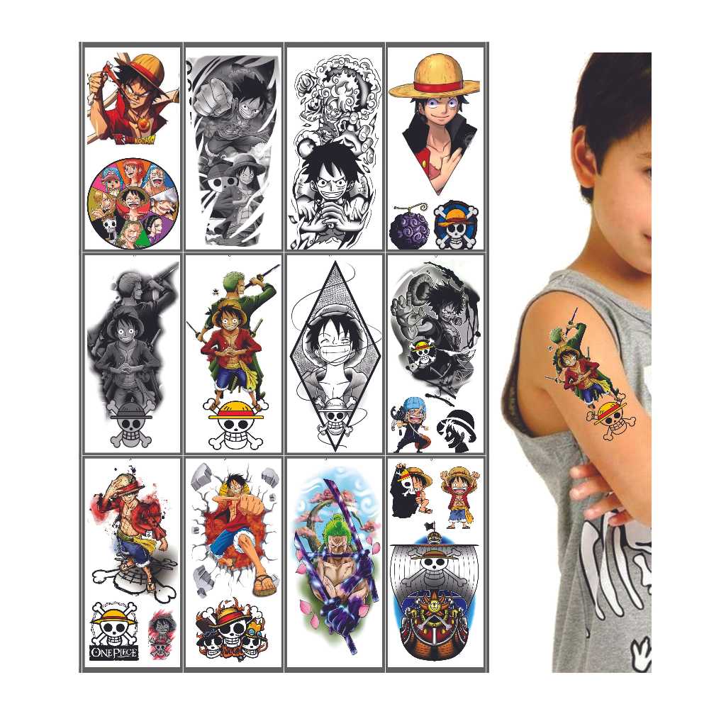 Kit 12 Cartelas Tatuagens Temporárias One Piece Anime Infantil Menino e Menina