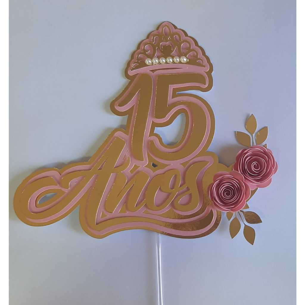 Topo de Bolo Festa 15 Anos Rosa e Dourado | Shopee Brasil