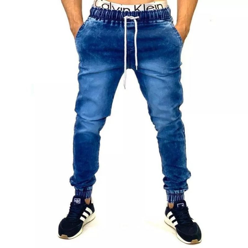 Calça Jogger Jeans Sarja Masculina Com Punho Cós Elástico - Azul