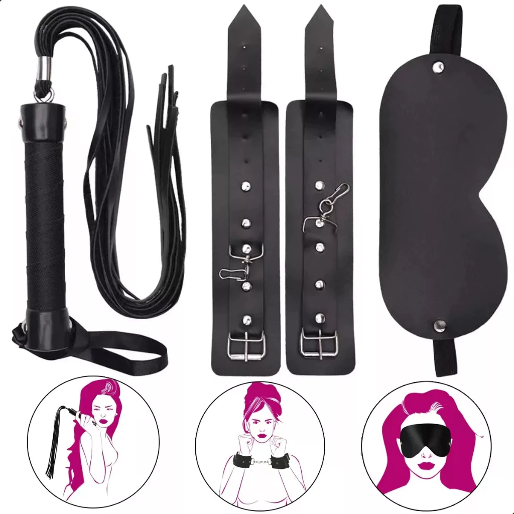 Kit Venda, Látigo de 40 cm y Esposas Reforzadas de Cuero Sintético BDSM - FETICHE - SADO -