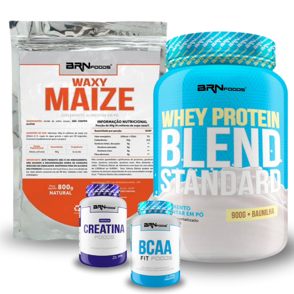 Kit Whey Protein Blend Standard 900g + Waxy Maize Foods 800g + Premium Creatina 100g + BCAA 100g – BRN FOODS Suplementos Para Definição e Performance