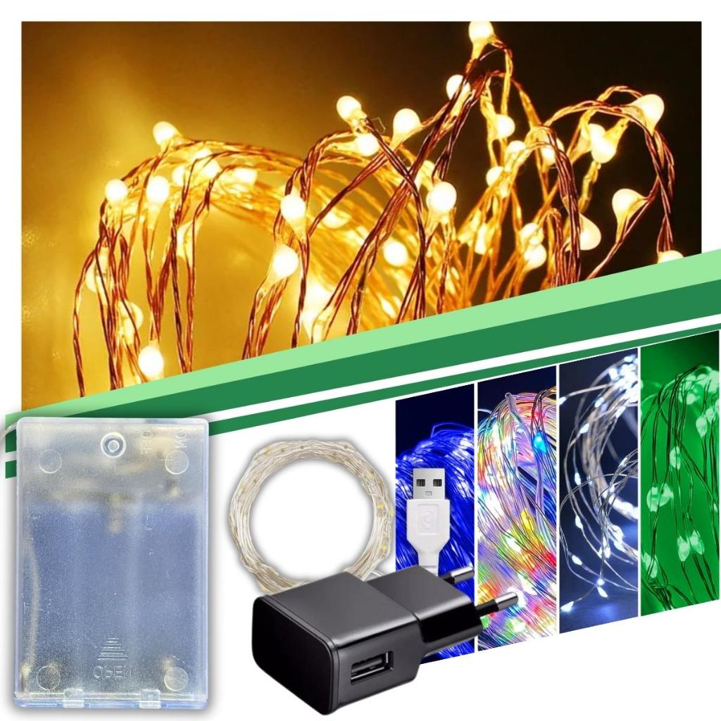 Fio De Fada Led Até 10 metros USB ou Pilha Aljatec Varias Cores Decoração Cordao de Luz Fio Cobre Prata String Fairy Ligh