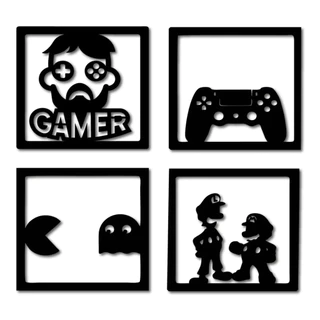Kit 4 Quadro Gamer Decorativo Em Mdf3mm Vazado Preto 20x20cm