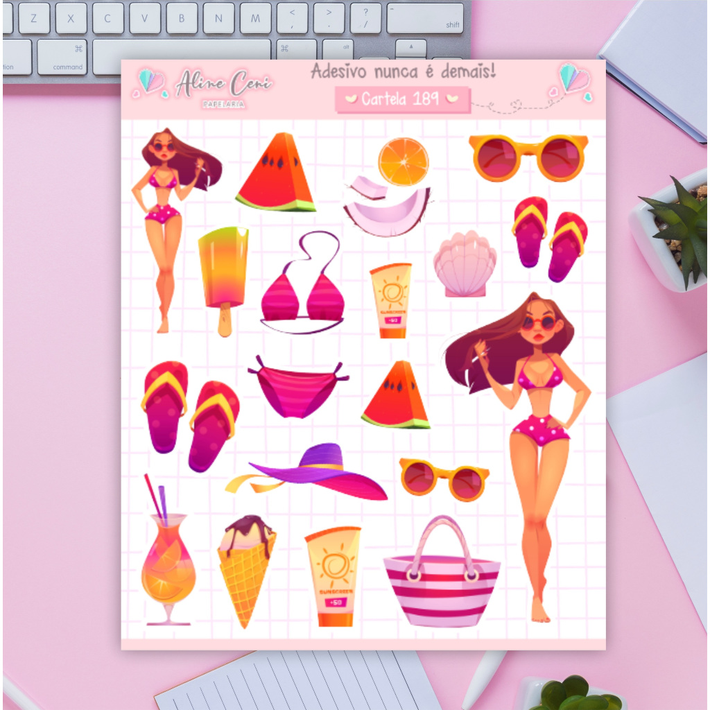 Cartela de adesivos n 189 - Adesivos com ilustrações de verão, cartela adesiva decorativa pra planner, bujo, bulletjournal