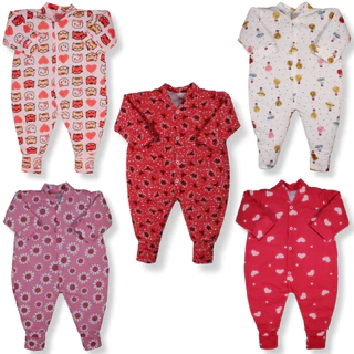 Kit 5 Peças Macacão Bebe Malha Estampado 100% Algodão Menina
