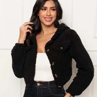 Casaco Feminino Estilo Teddy Felpudo Tendência 100% Algodão com Botões