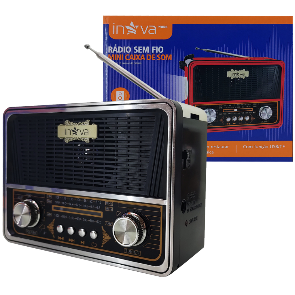 Caixa de Som Portátil Bluetooth e Rádio FM Retrô Vintage Inova